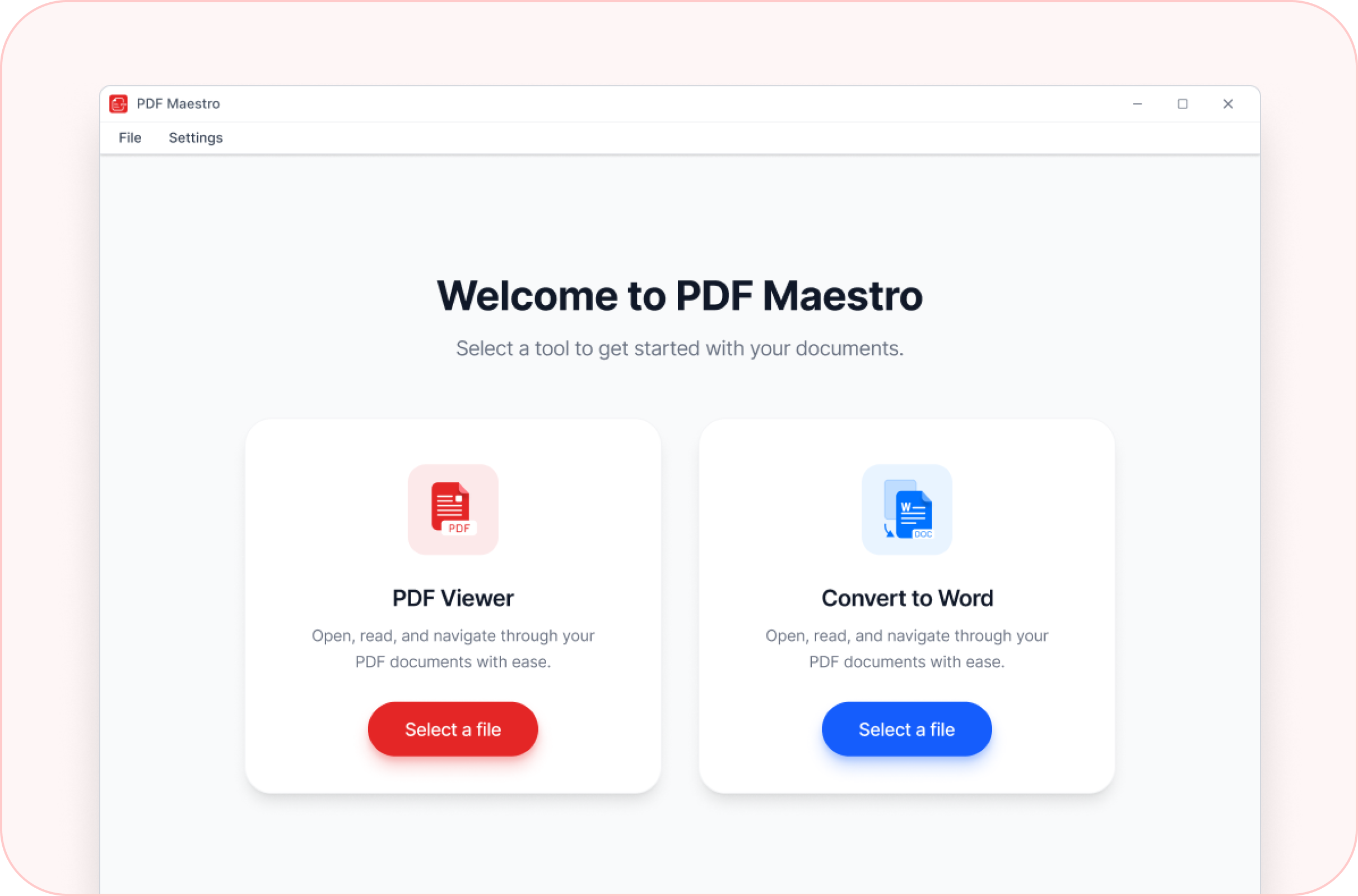 PDF Viewer – Welcome to PDF Maestro screen with PDF Viewer and Convert to Word tools